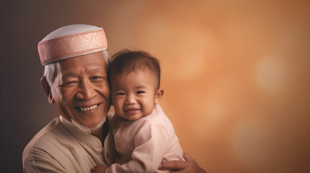 Portrait of asian senior man and his grandchild at homeの素材