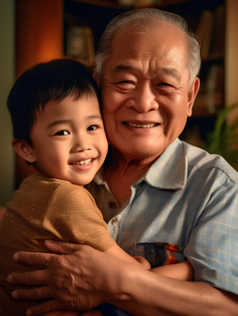 Portrait of a happy asian grandfather with his grandson at homeの素材