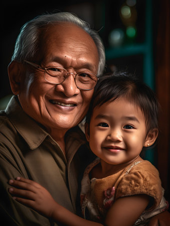 Portrait of Asian grandfather and granddaughter smiling together at home. Happy family concept.の素材
