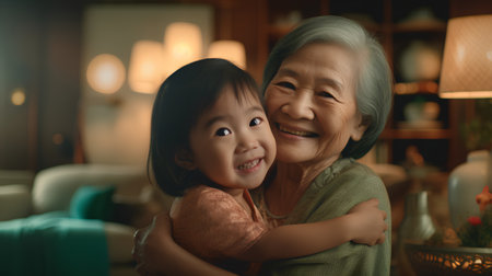 Happy asian little girl hugging her grandmother in the living room at homeの素材