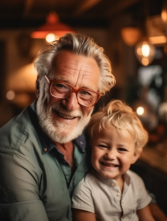 Portrait of a smiling grandfather with his grandson in a cafe.の素材