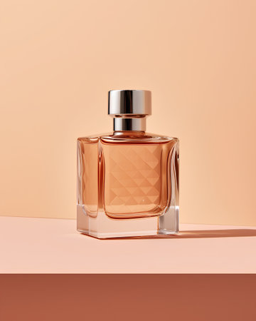 Perfume bottle on pink background. 3d render illustration.の素材