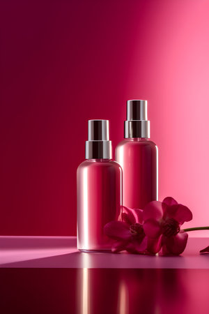 Cosmetics bottles with orchid flowers on pink background. 3d renderの素材