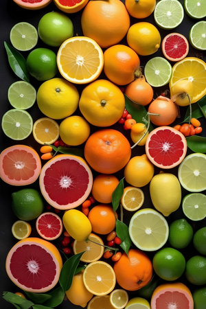Variety of citrus fruit including lemons, lines, grapefruits and oranges.の素材