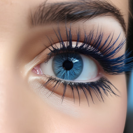 Close up shot of beautiful woman's blue eye with long eyelashes.の素材