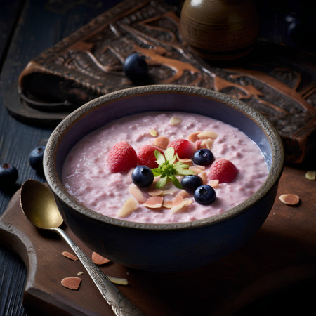 Oatmeal with berries and almonds in a bowl on a wooden backgroundの素材