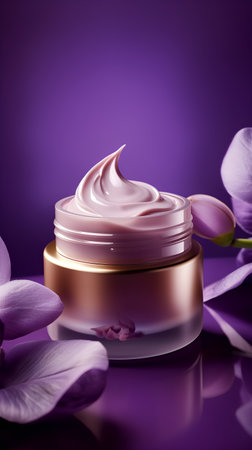Cosmetic cream with orchid flowers on purple background. Beauty conceptの素材