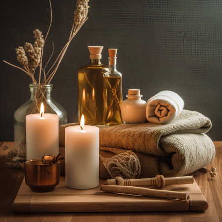 Spa still life with towels, oil and candles on dark backgroundの素材