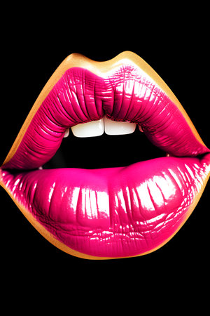 Beautiful female lips isolated on black background. Closeup of female lips.の素材
