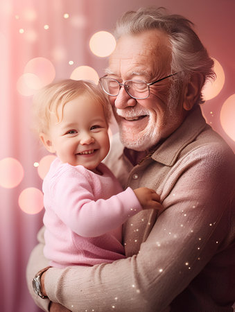 Portrait of a cheerful grandfather with his little granddaughter on a pink background.の素材