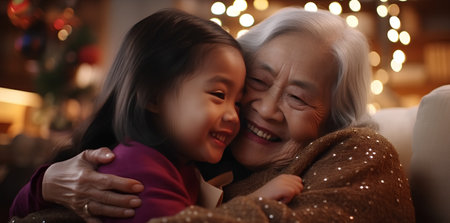 Grandmother and granddaughter looking at each other while sitting on sofa at homeの素材
