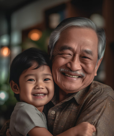 Portrait of Asian grandfather with his grandson at home. Happy family.の素材