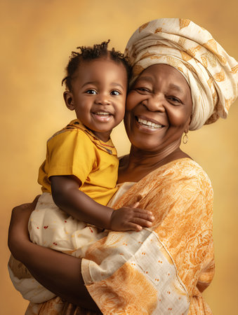 Portrait of a happy African American mother with her daughter on a yellow backgroundの素材