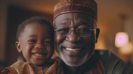 Portrait of a smiling African American grandfather with his grandson at homeの素材