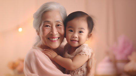Portrait of happy asian senior woman with her granddaughter at homeの素材