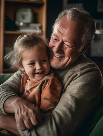 Portrait of a smiling grandfather with his grandchild at home.の素材