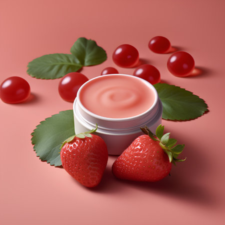 Moisturizing face cream in jar with fresh strawberries and cherries on pink backgroundの素材