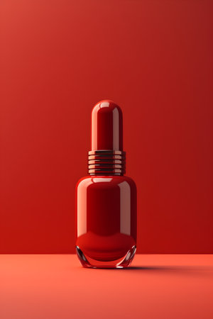 Red nail polish bottle on red background. 3d render illustration.の素材
