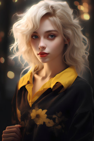 Portrait of a beautiful blonde girl in a black coat with a yellow flower in her hair.の素材