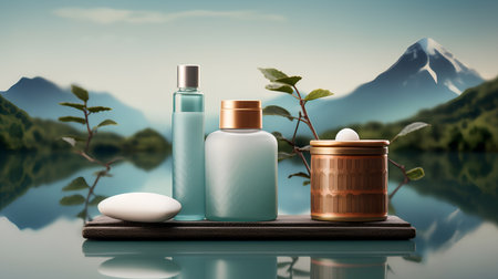 Cosmetics and skincare products with mountain background. 3d renderingの素材