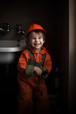 Little boy in an orange helmet and overalls stands in the bathroom.の素材