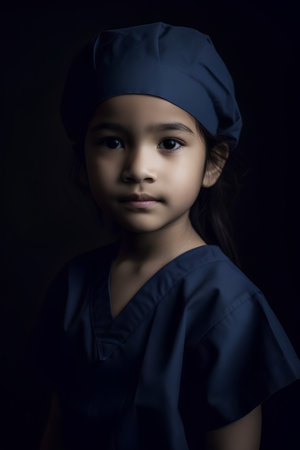 portrait of little girl as a nurse or doctor against dark backgroundの素材