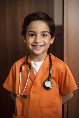 Portrait of a little boy doctor in uniform with stethoscopeの素材