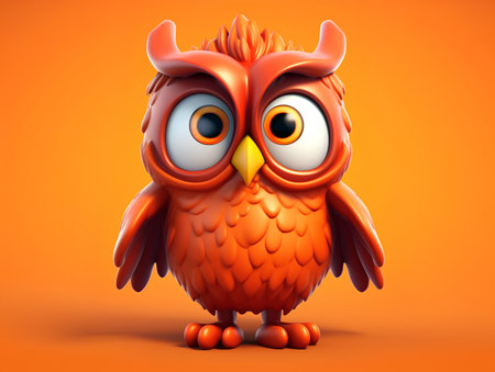 Cute cartoon orange owl on orange background. 3D illustration.の素材