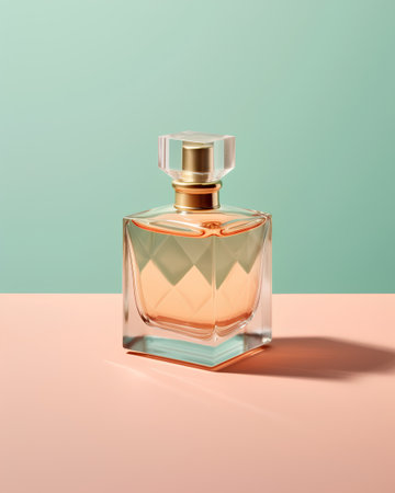 Perfume bottle on pastel background. 3D rendering.の素材