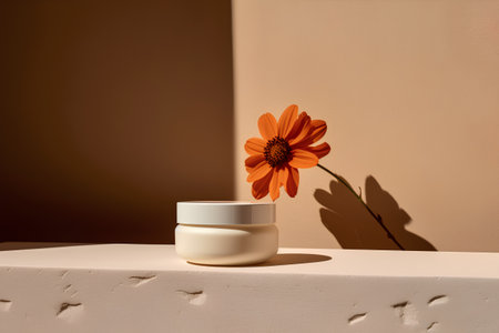 Cosmetic cream jar with flower. 3d rendering mock up.の素材
