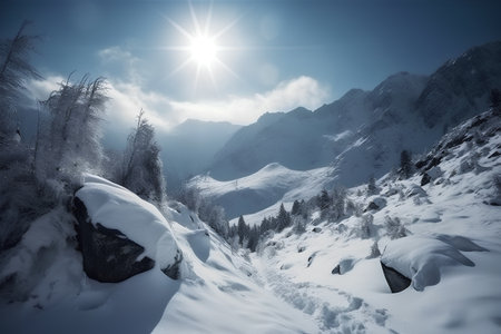 Winter mountain landscape with snow covered trees and sun in the blue skyの素材