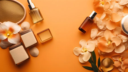 top view of cosmetic products and orchids on orange background with copy spaceの素材