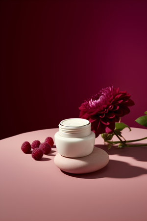 Jar of cream with raspberries and red flower on pink backgroundの素材