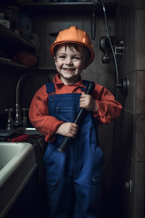 Little boy in a construction helmet and overalls with a hammer.の素材