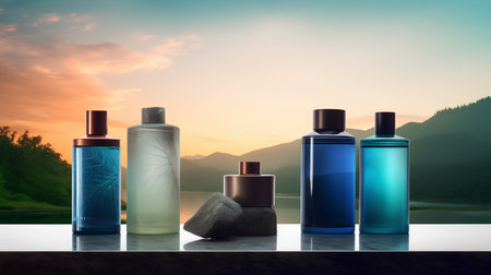 Cosmetics bottles on table with mountain landscape background. 3D renderingの素材