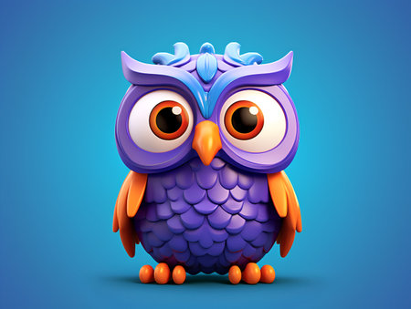 Cartoon owl with big eyes on blue background. Vector illustration.の素材