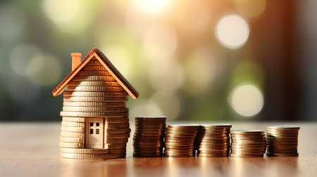 House model and coins on wooden table with blurred background. Real estate concept.の素材
