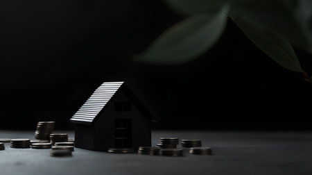 House model and coins on a black background. Real estate concept.の素材