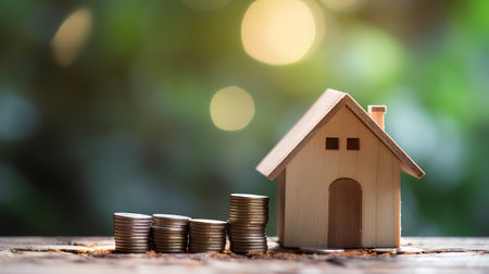 House model and coin stack on wooden table with green bokeh background, saving money for buy a house concept.の素材