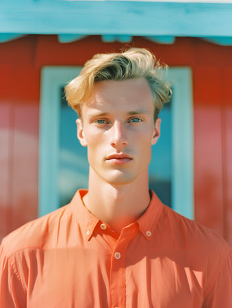Handsome young man with blond hair and blue eyes in orange shirt on blue house backgroundの素材