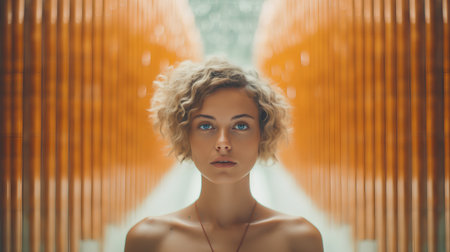 Portrait of a beautiful young woman with curly hair looking at cameraの素材