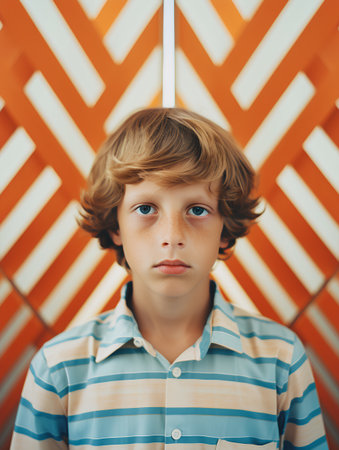 Portrait of a boy in a striped shirt on an orange backgroundの素材