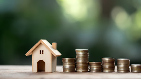 House model and coins stack on wooden table with bokeh backgroundの素材