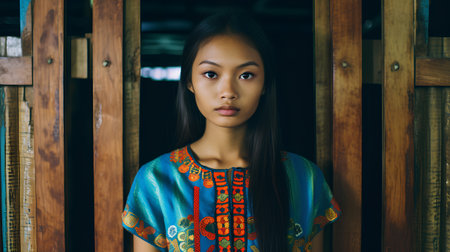 Portrait of a beautiful young asian woman with long hair standing near the wooden doorの素材