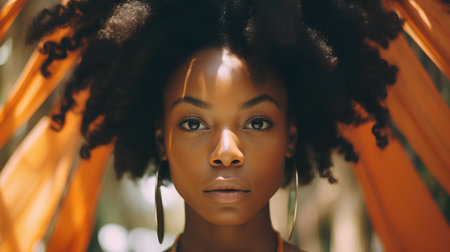 beautiful african american woman with afro hairstyle and orange clothの素材