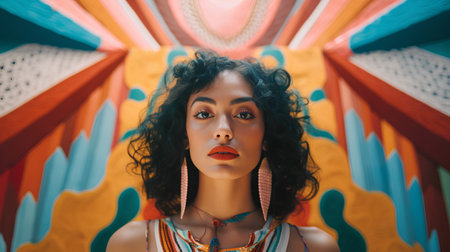 beautiful african american woman with curly hair posing in african styleの素材