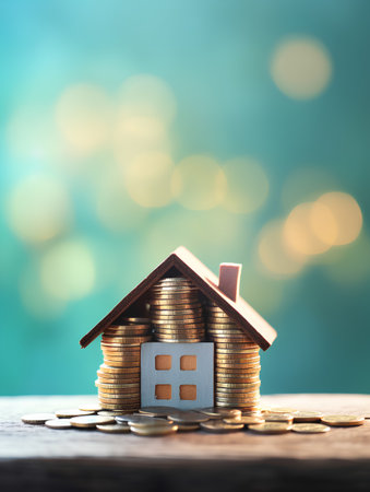 House model and coins on bokeh background, Saving money conceptの素材