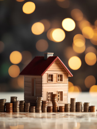 House model and coins on bokeh background. Property investment concept.の素材