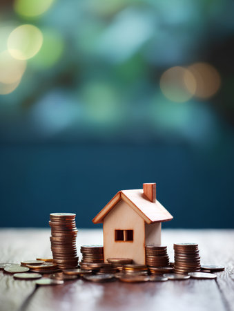 House model and coins on wood table with bokeh background. Real estate and investment concept.の素材