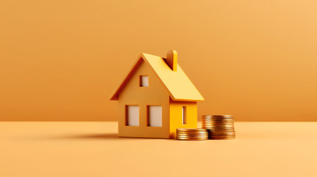 House with coins on orange background. Real estate concept. 3D renderingの素材